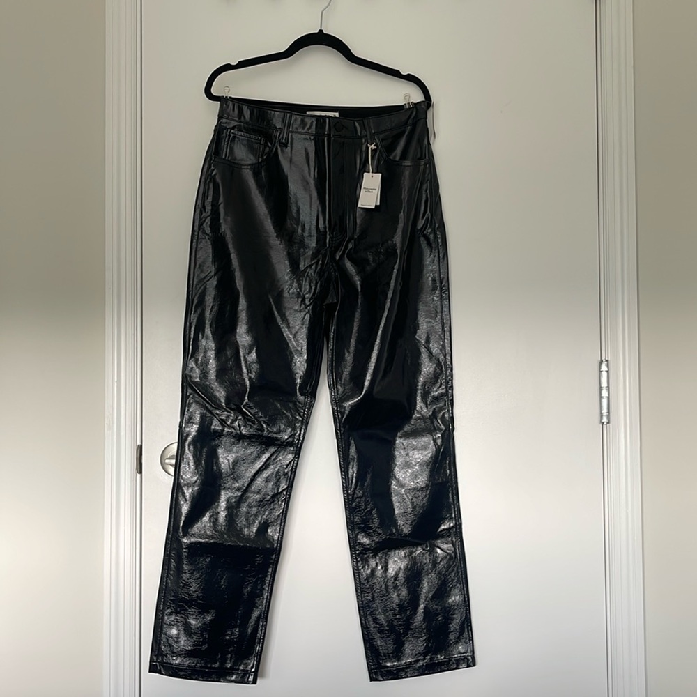 Abercrombie 90’s straight ultra high rise vegan leather shiny jeans